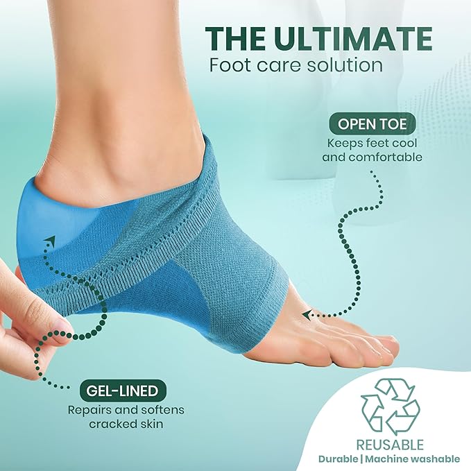 Moisturizing Heel Socks for Cracked Heels - Gel Socks for Dry Cracked Feet Repair - Silicone Socks for Women’s Foot Treatment & Overnight Hydration (Turquoise, 2-Pair)