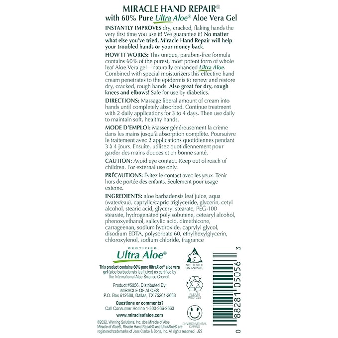 Miracle Hand Repair Cream for Dry Cracked Hands 4 oz Best Healing Hand Cream with 60% Aloe Vera - Non-Greasy Moisturizer for Working Hands - Fast Absorbing Lotion for Extremely Dry Skin (2-Pack)