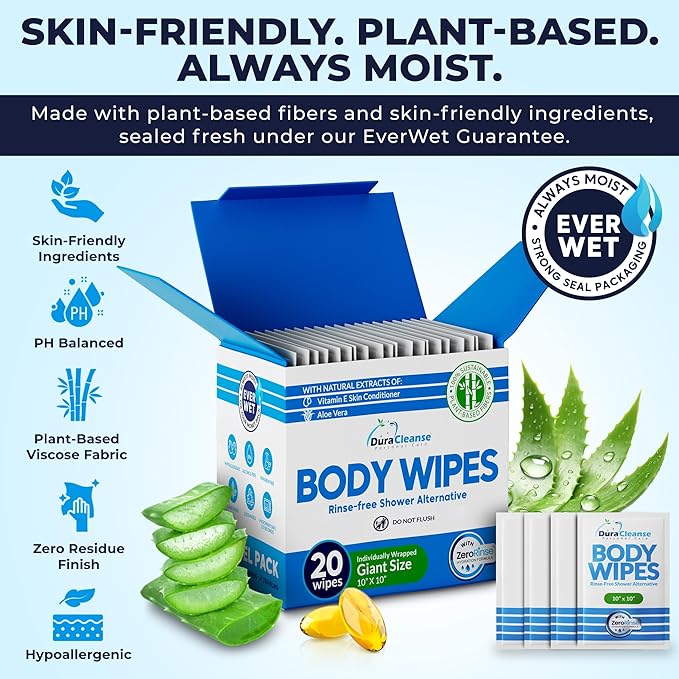 Body Wipes for Adults No Rinse – 20 Count Travel Shower Wipes, 10" x 10" Individually Wrapped Thick Cleansing Wash Scrubs, Disposable Washcloths for Camping and Elderly Care