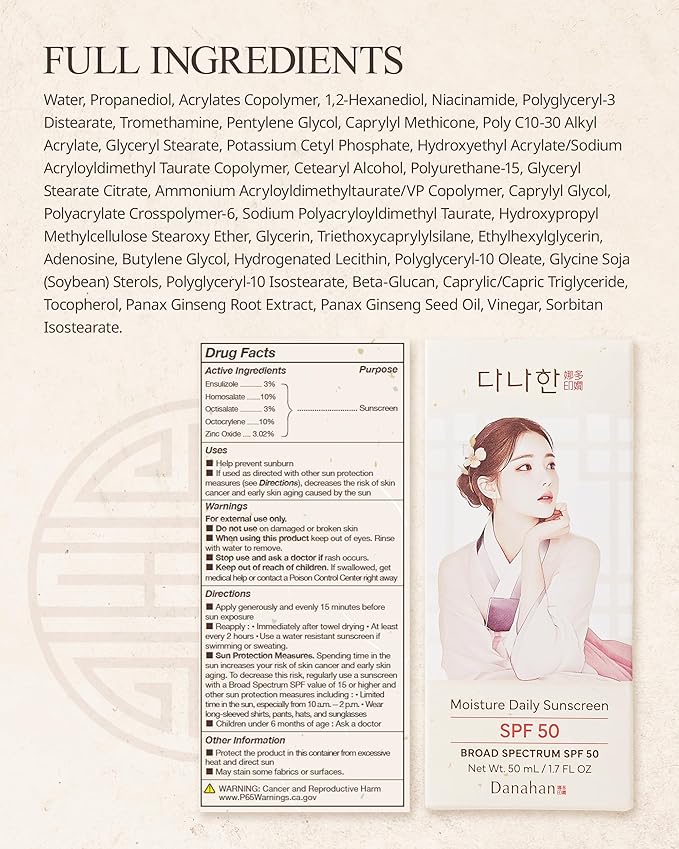 Moisture Daily Sunscreen SPF 50 - Korean Face Sunscreen, Broad Spectrum UV Protection with Ginseng & Niacinamide - Hydrating Lightweight Formula, No White Cast, K-Beauty, 1.7 oz.