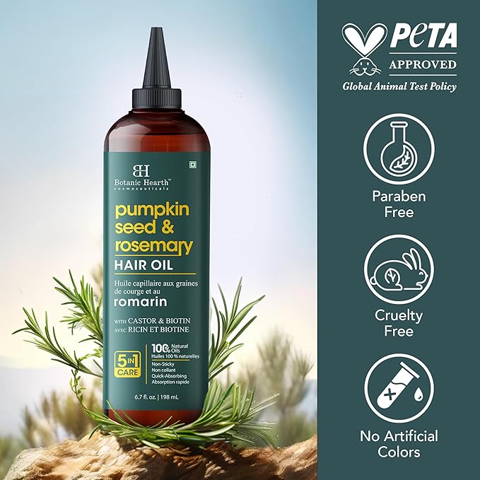 Botanic Hearth 100% Pure Rosemary Pumpkin Seed Oil for Hair Growth, Strengthening Hair Oil for Dry, Damaged, Thinning Hair, Nourishing Hair Tonic for Stronger & Healthier Scalp, Hair Serum, 6.7 fl oz