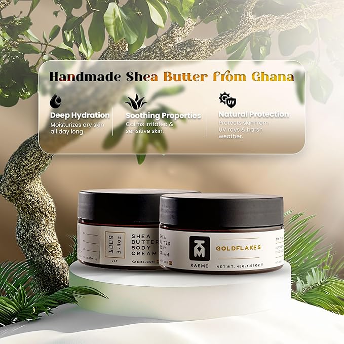 KAEME Goldflakes Shea Body Butter Moisturizer For Women and Men, Made From Raw Organic Pure Unrefined Shea With Natural Coconut Oil For Deep Hydration, Soften, Nourish Skin Hair Scalp (3.4oz/100g jar)