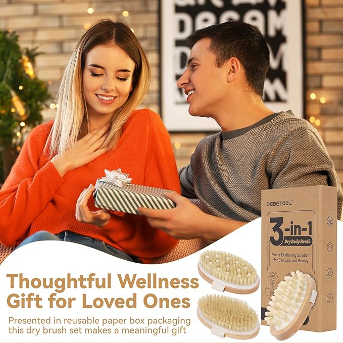 3-Pack Dry Body Brush with Massage Brush Exfoliating Dry Brushing Body Brush for Lymphatic Drainage, Natural Boar Bristle Dry Brush for Body Cellulite Improving Blood Circulation