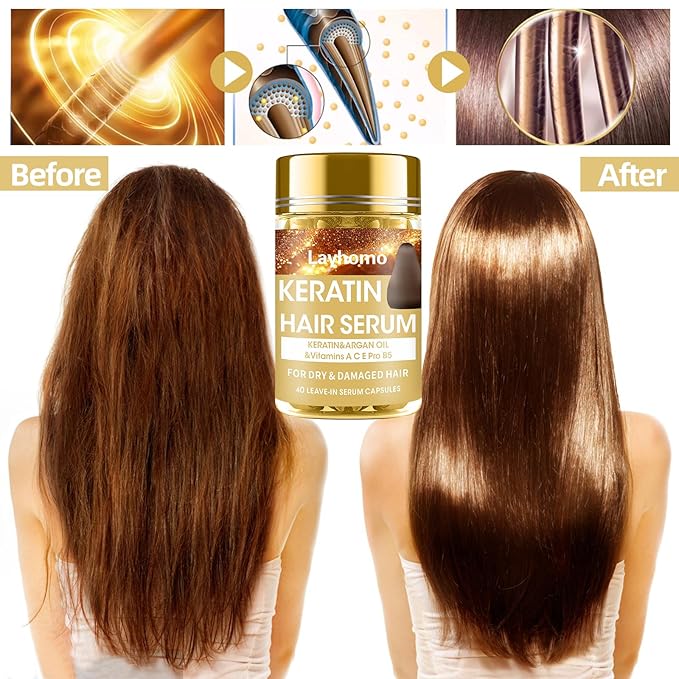Keratin Hair Treatment Serum,Hair Serum Treatment for Dry Damaged Hair,Hair Oil Capsules with Keratin,Argan Oil-Leave-in Anti Frizz Conditioner with Vitamins A, C, E & B5- No Rinse for All Hair Types