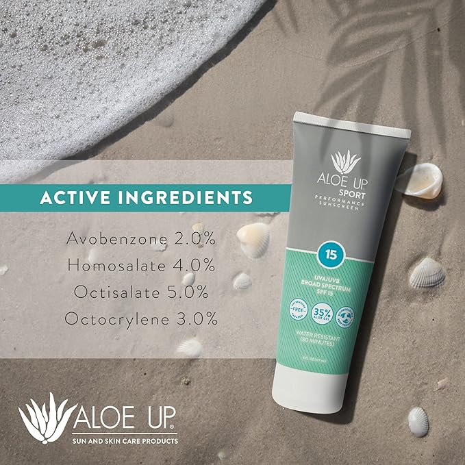 Aloe Up Sport Sunscreen Lotion SPF 15 - Broad Spectrum UVA/UVB Sunscreen Protector for Face and Body - With Hydrating Aloe Vera Gel - Non-Greasy - No White Cast - Reef Safe - Fragrance-Free - 6 Oz