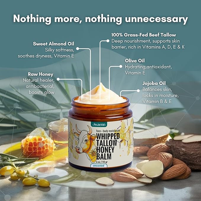 Beef Tallow for Skin – Whipped Tallow and Honey Balm, Grass Fed Beef, Face Moisturizer for Dry and Sensitive Skin, Natural and Nourishing Body Butter, 4 oz