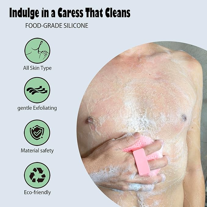 Silicone Body Scrubber-Silicone Shower Brush for Gentle Exfoliating & Lathering with Body Scrub & Wash, Durable & Hygienic, Deep Cleansing Exfoliator for All Skin Types - Shower Essential (Pink+black)