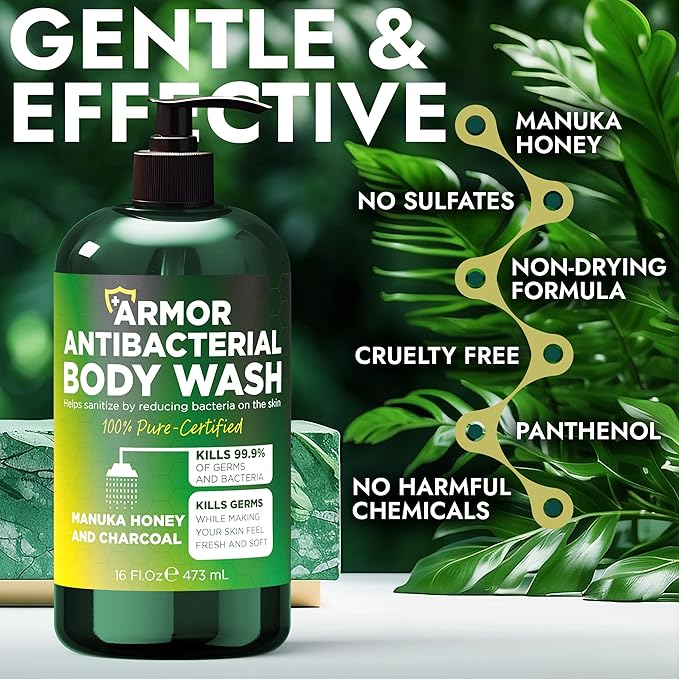 Antibacterial Body Wash | Antifungal Soap for Men & Women | Kills 99.9% of Germs & Bacteria | Helps with Back Acne, Body Odor, Jock Itch & Skin Irritation | Manuka Honey & Charcoal, 16 fl oz