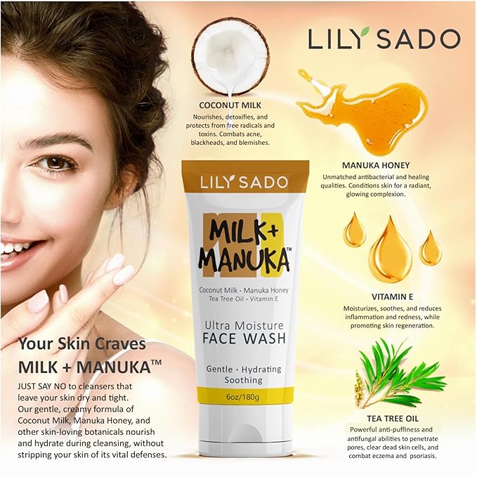 LILY SADO MILK+MANUKA™ Coconut Milk & Manuka Honey Cream Face Cleanser – Natural Ultra Moisturizing Facial Wash Cleanses, Balances, Soothes & Hydrates - Large 6oz