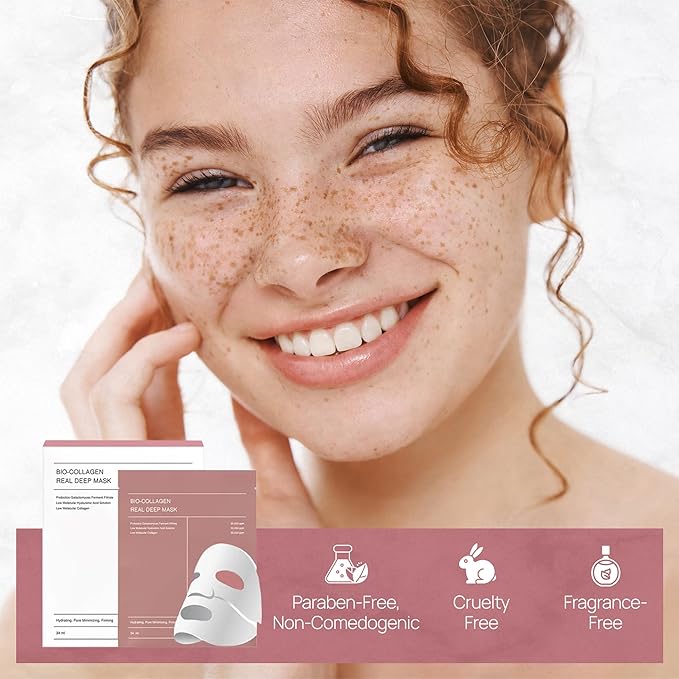 Bio Collagen Face Mask (5 Pack), Overnight Deep Hydrating Collagen Mask for All Skin Types, Anti-Aging Collagen Sheet Mask, Helps to Minimize Wrinkles, Restores Skin Elasticity & Plumpness