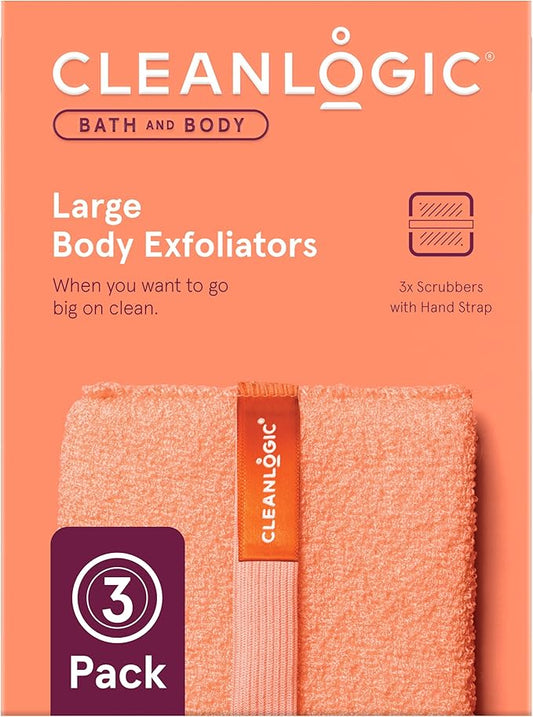 Cleanlogic Bath and Body Exfoliating Body Scrubber, Large Exfoliator Tool for Smooth and Softer Skin, Daily Skincare Routine, Assorted Colors, 3 Count Value Pack
