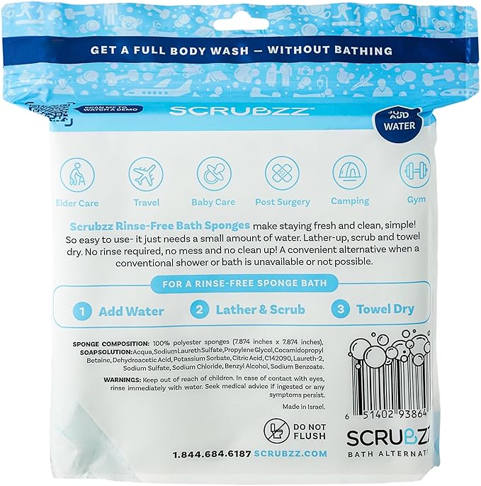 Scrubzz Disposable No Rinse Bathing Wipes - All-in-1 Single Use Shower Wipes, Simply Dampen, Lather, and Dry Without Shampoo or Rinsing (Unscented, 2-Pack)