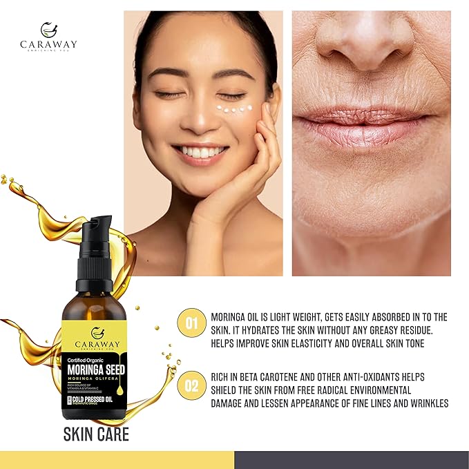 CARAWAY Organic 100% Pure Cold-Pressed Moringa Seed Oil - 1.69 oz | Unrefined Moringa Oil - Anti-Aging & Anti-Dandruff | Great Oil for Hair, Skin and Face | Ideal Carrier Oil For Essential Oils Mixing