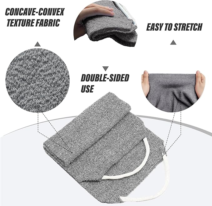 Inmorven Exfoliating Back Scrubber with Handles, Nylon Back Exfoliator, Two Sides Stretchable Pull Strap Shower Deep Cleans Skin Massages Invigorating Blood Circulation for Women Men Body (Dark Gray)
