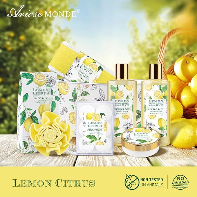 Bath Gift Set, Lemon Citrus Spa Gift Basket for Women, Includes Shower Gel, Bubble Bath, Body Lotion, Bath Frizzes 8 Pcs, Great Gift Idea for Her Birthday