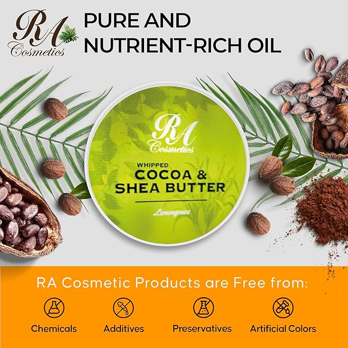 RA COSMETICS Whipped Cocoa & Shea Butter, Lemongrass - 12oz | 100% Pure & Natural Skin Moisturizer with Coconut Oil | Vitamin-Rich Body Butter for Soft, Supple, and Radiant Skin & Healthy Hairs
