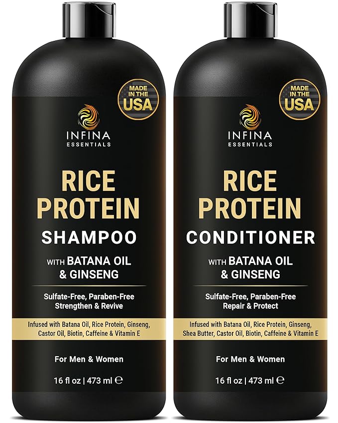 Rice Protein Shampoo and Conditioner Set | 16 fl oz Each | with Batana Oil & Ginseng | Strengthening, Thickening & Clarifying Formula | Supports Hair Growth & Repair