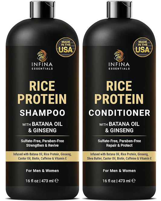Rice Protein Shampoo and Conditioner Set | 16 fl oz Each | with Batana Oil & Ginseng | Strengthening, Thickening & Clarifying Formula | Supports Hair Growth & Repair