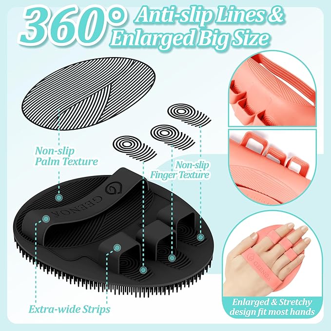 Upgrade Silicone Bath Glove 2PCS, 360° Anti-Slip & Enlarged Silicone Body Scrubber for Rich Foam Deep Cleaning, Revolutionary No-Grip & Hand-fit Shower Scrubber for All Skin Types(Black+Pink)