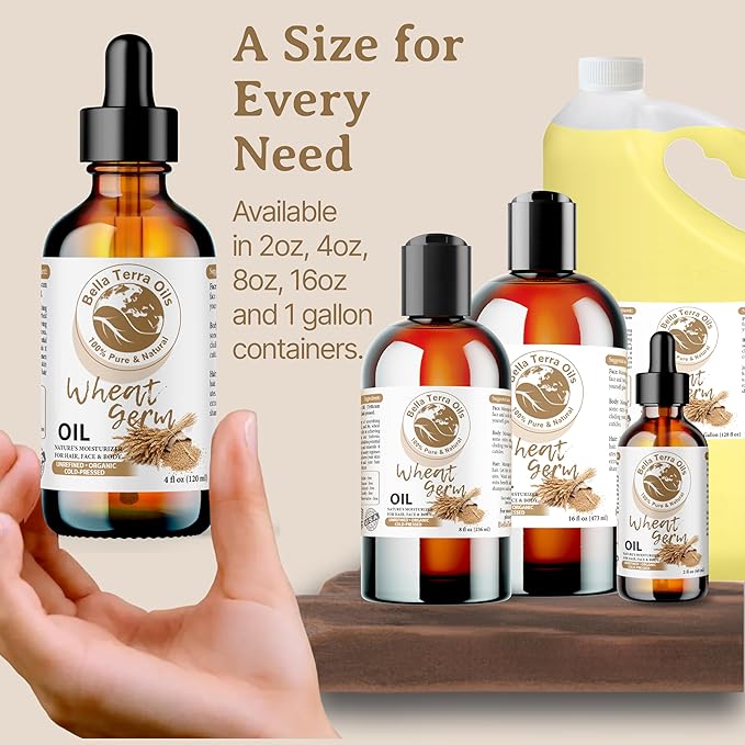 Bella Terra Oils - Organic Wheat Germ Oil 8 oz - Potent Vitamin E Oil for Skin, Celebrate Beauty with Essential Nutrients, The Pinnacle of Face Oils