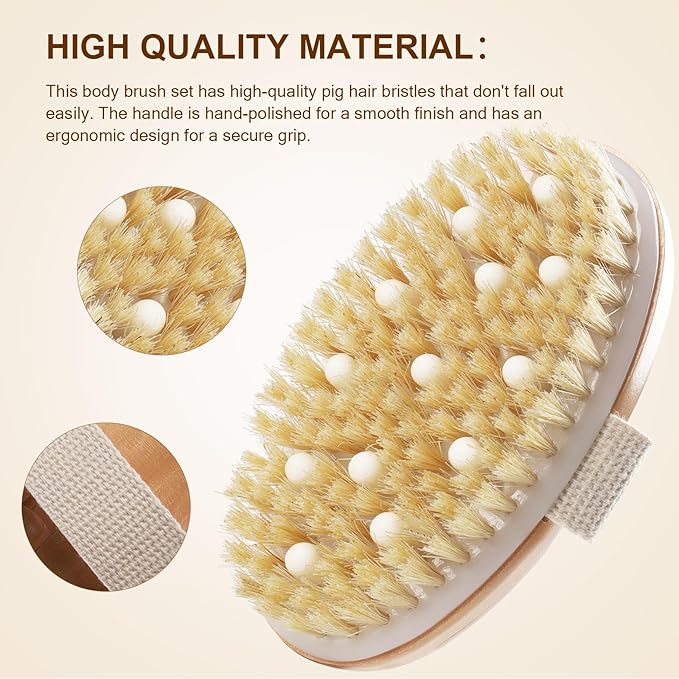 Dry Brushing Set - Natural Boar Bristle Body & Face Brush, Wooden Long Handle Scrub Brush for Cellulite & Lymphatic Drainage Body Care, Detachable, 3 Brush Heads