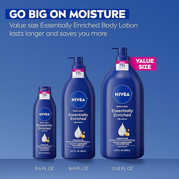 NIVEA Essentially Enriched Body Lotion for Very Dry Skin with Hyaluronic Acid, Almond Oil and Deep Nourishing Serum, 72-Hour Body Moisturizer, 33.8 Fl Oz Value Size Pump Bottle