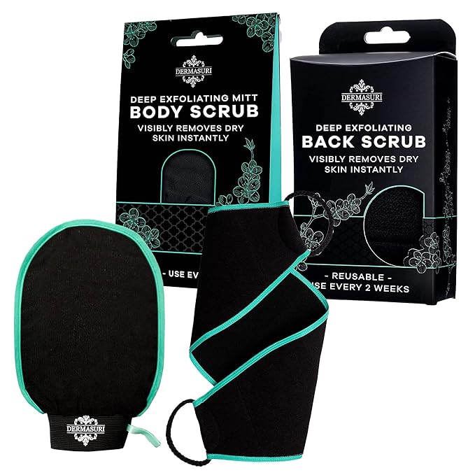 Dermasuri - Deep Exfoliating Body Mitt & Back Scrub Bundle - Bath & Shower Body Scrubs - Cleansing & Full Body Exfoliation - Spa Exfoliator Glove - Dry Skin Care Treatment for Women & Men