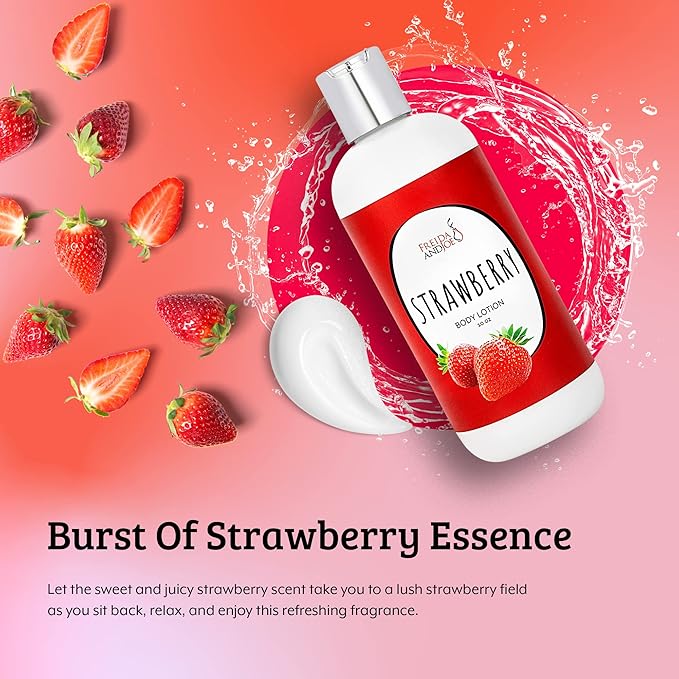 Freida and Joe Scented Body Lotion For Women, Deep Moisturizing Hand Cream, Womens Luxury Stocking Stuffers & Fragrance Gifts That Smell Good, 10oz (Strawberry)