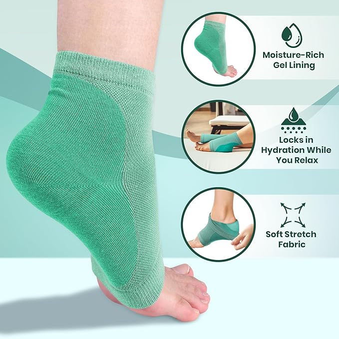 Moisturizing Heel Socks for Cracked Heels - Gel Socks for Dry Cracked Feet Repair - Silicone Socks for Women’s Foot Treatment & Overnight Hydration (Mint Green, 2-Pair)
