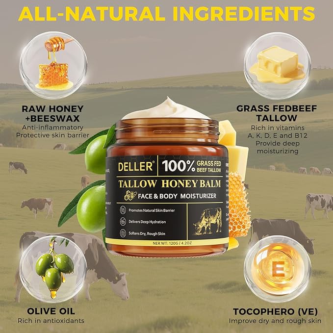 4.2 OZ Beef Tallow for Skin Face, Grass Fed Beef Tallow with Honey Bee Venom Cream Natural Tallow and Honey Balm, Deep Hydration Tallow Face Moisturizer for Dry, Sensitive & All Skin Types