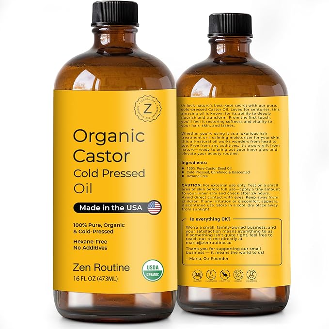 Zen Routine Organic Castor Oil 16oz Cold Pressed Unrefined Glass Bottle Hexane Free Pack – Aceite de Ricino Hair Growth Oil for Hair, Lashes & Stomach – USDA Certified Made in USA
