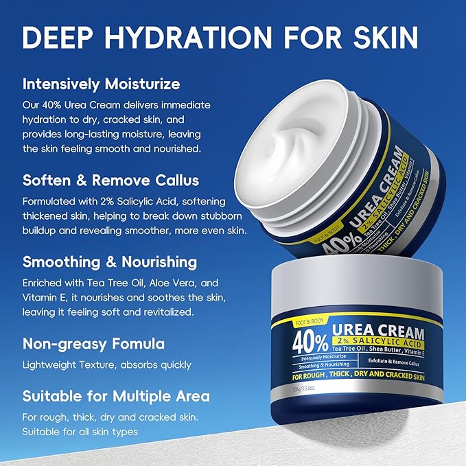 2 Pack Urea Cream 40% + 2% Salicylic Acid, 3.53 oz - Maximum Strength Foot & Hands Moisturizer for Rough, Dry Cracked Skin, Callus Remover with Deep Hydration, Intensive Repair for Feet, Heels