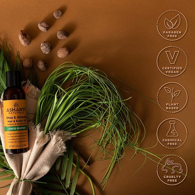 Ashanti Naturals Shea and Sweet Almond Oil for Hair and Body| Moisturizing Pure Body Oil for Dry Skin, Scalp and Hair [Fragrance: Coco Mango, 4 oz]