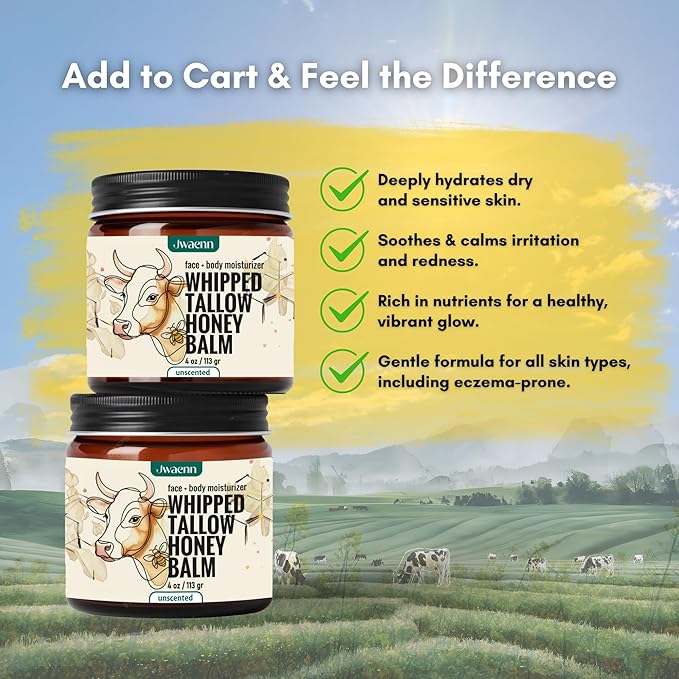 Beef Tallow for Skin – Whipped Tallow and Honey Balm, Grass Fed Beef, Face Moisturizer for Dry and Sensitive Skin, Natural and Nourishing Body Butter, 4 oz