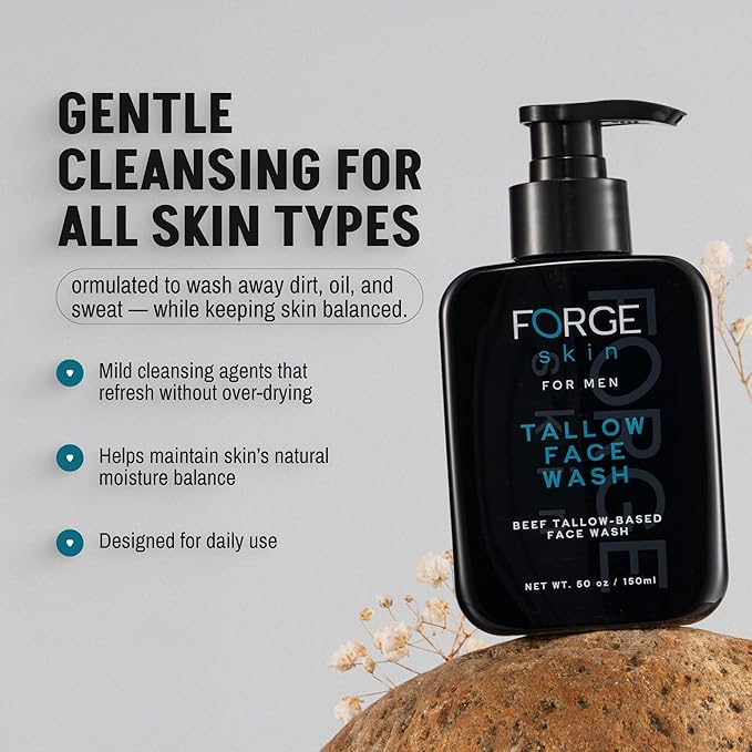 FORGE SKIN® Beef Tallow Face Wash for Men [TALLOW-BASED] - Morning Nourishing Hydrating Facial Cleanser - Gentle Cleansing Moisturizer for Hydration - Exfoliating Facial Skincare for Clean Skin (5 OZ)