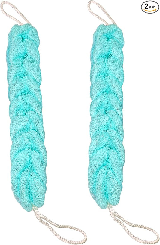 Long Stretch Back Sponge with Rope Handles Back Scrubber Bath Shower Mesh Sponge Exfoliating Body Scrub Stretch Braided Loofah for Men and Women(2-Pack,Green)