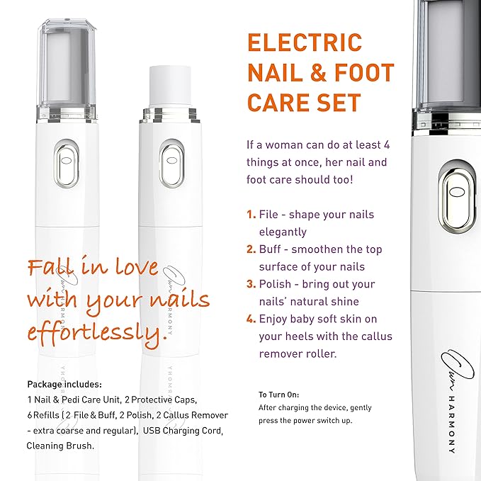 Own Harmony Electric Nail Buffer and Shine Kit for Natural Nails: Manicure Pedicure Tools with Callus Remover Foot Care, Best Electronic Mani Pedi Polisher Set to Buff, Polish, File Thick Toenails