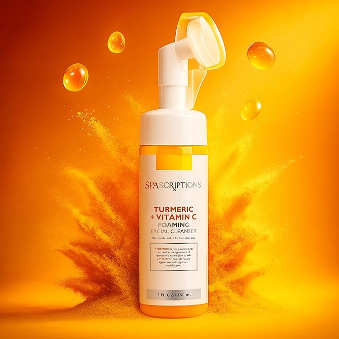 SpaScriptions Turmeric + Vitamin C Foaming Facial Cleanser, pH Balanced, Non Comedogenic, Paraben Free, For All Skin Types, 5 fl oz / 150 mL
