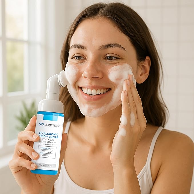 SpaScriptions Hyaluronic Acid + Sugar Foaming Facial Cleanser, pH Balanced, Non Comedogenic, Paraben Free, For All Skin Types, 5 fl oz / 150 mL