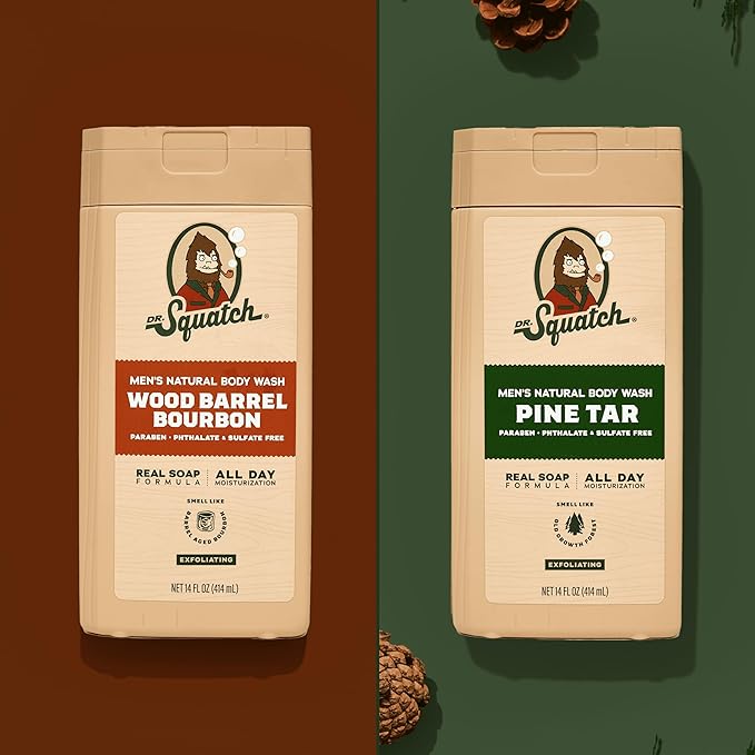 Dr. Squatch NEW Body Wash for Men with Nourishing, Natural Ingredients | No Paraben, Phthalate, Sulfate | All Day Moisture | Long Lasting Scent | Pine Tar & Wood Barrel Bourbon (14 oz, 2-Pack)