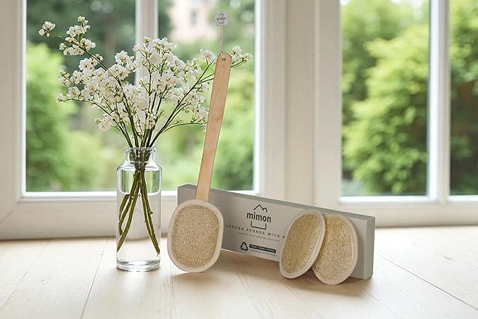 Natural Loofah, Exfoliating Body Scrubber with Handle, Biodegradable Bath Loofahs on Stick, Replaceable Pads, Chemical-Free Bath & Body Loofah for Women, Men and Kids