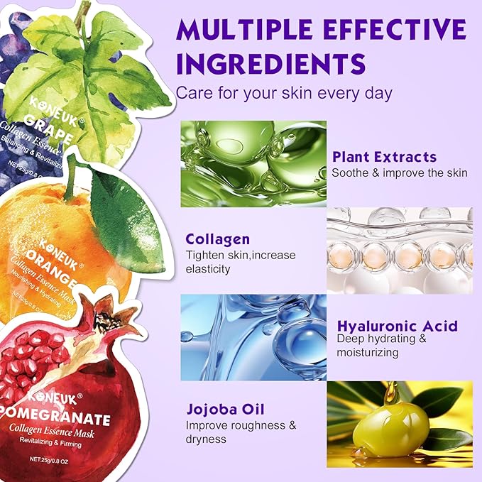 72 Pack Fruit Shaped Sheet Face Mask, Stocking Stuffers for Women, Collagen Hydrating Face Masks Skincare for All Skin Types, Bulk Christmas Gifts and Spa Party Gifts(9 Types x 8 Pcs)