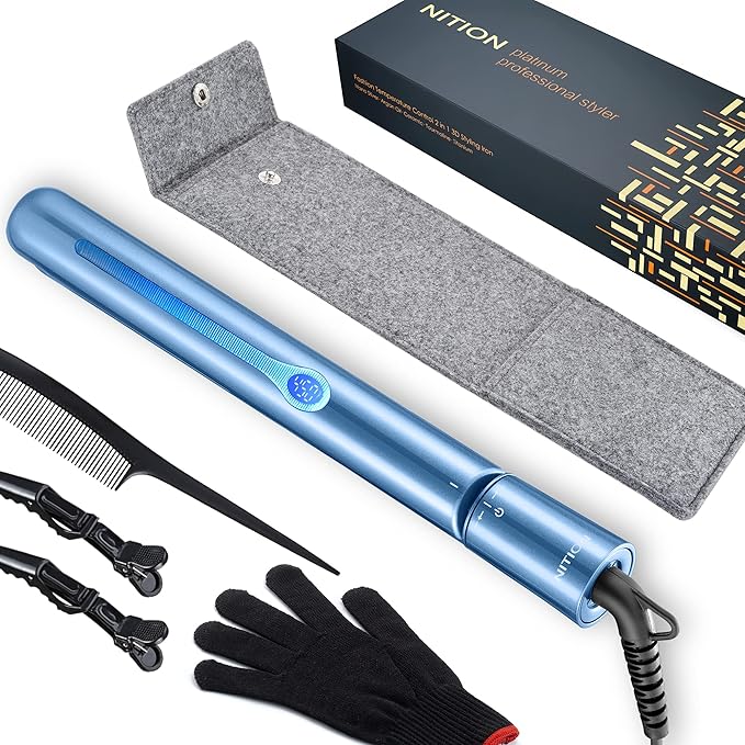 NITION Nano Titanium Hair Straightener 1 inch 3D Floating Heating Plate Smooth Straightening Flat Iron for All Hair Type. MCH 10s Fast Hating Up. Travel Pouch Bag. Dual Voltage. Luxury Gift Box