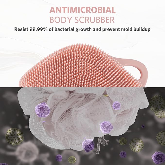 Sndyi Silicone Body Scrubber, Gentle Exfoliating Body Scrubber for Sensitive Skin, Leaf Shaped Shower Scrubber for Body with Lathering Bristles, Silicone Loofah Body Brush for Showering, Pink