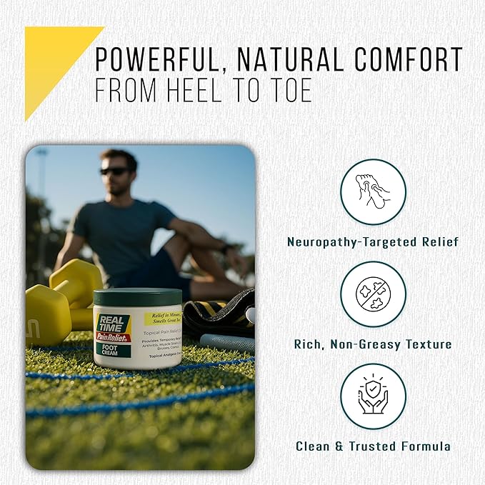 Real Time Pain Relief Foot Cream 8oz Jar | 15 Natural Ingredients: 1.5% Menthol, Tea Tree Oil, Vitamin E & Emu Oil | Advanced Neuropathy Relief & Soothing Lotion for Tired, Swollen, Sore & Aching Feet