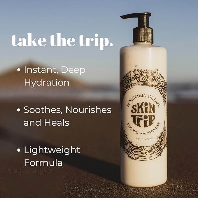 Mountain Ocean Skin Trip Coconut Body Lotion, 16 Oz Pump, Lightweight, Fast Asborbing Moisturizer for Women and Men, with Coconut Oil, Aloe Vera, & Lanolin