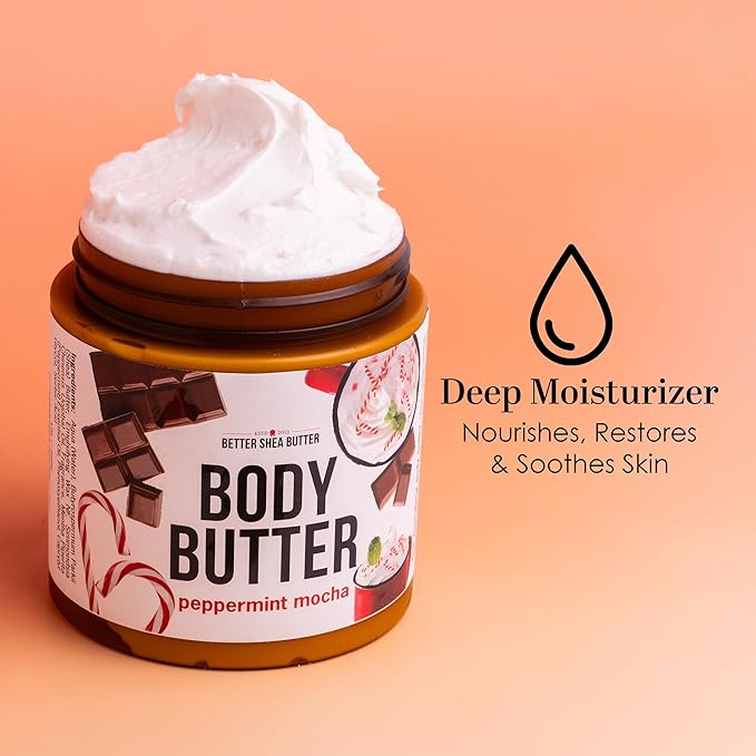 Peppermint Mocha Body Butter with Raw Shea Butter and Jojoba Oil, Holiday Body Moisturizer for Dry Skin, Christmas Lotion, Limited Edition