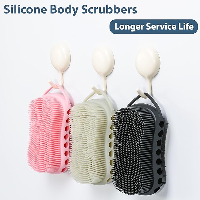 MtBoi 2PC Double-Sided Exfoliating Silicone Body Scrubber, 2-in-1 Bath Scrubber, Shampoo Brush, Silicone Loofah for All Skin Types, Shower Body Scrubber, Easy to Clean, Lather Well (Black&Gray)