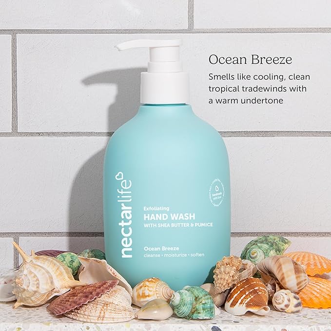 Nectar Life Exfoliating & Moisturizing Hand Wash 3-Pack, Volcanic Pumice for Hand Scrub, Shea Butter Softens Hands, Clean Vegan Ingredients, Ocean Breeze Scent
