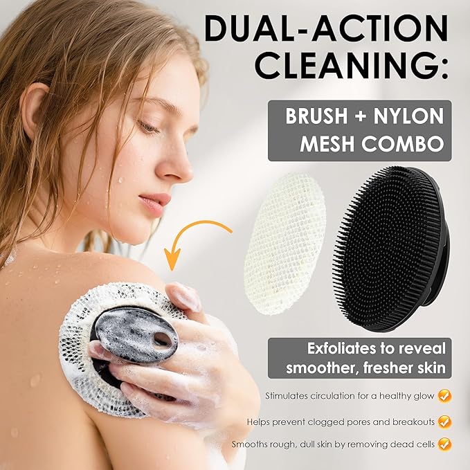 INNERNEED Food-Grade Soft Silicone Body Scrubber Shower Brush Handheld Cleansing Skin Brush, with Exfoliating Net Sponge Case (Black Brush)